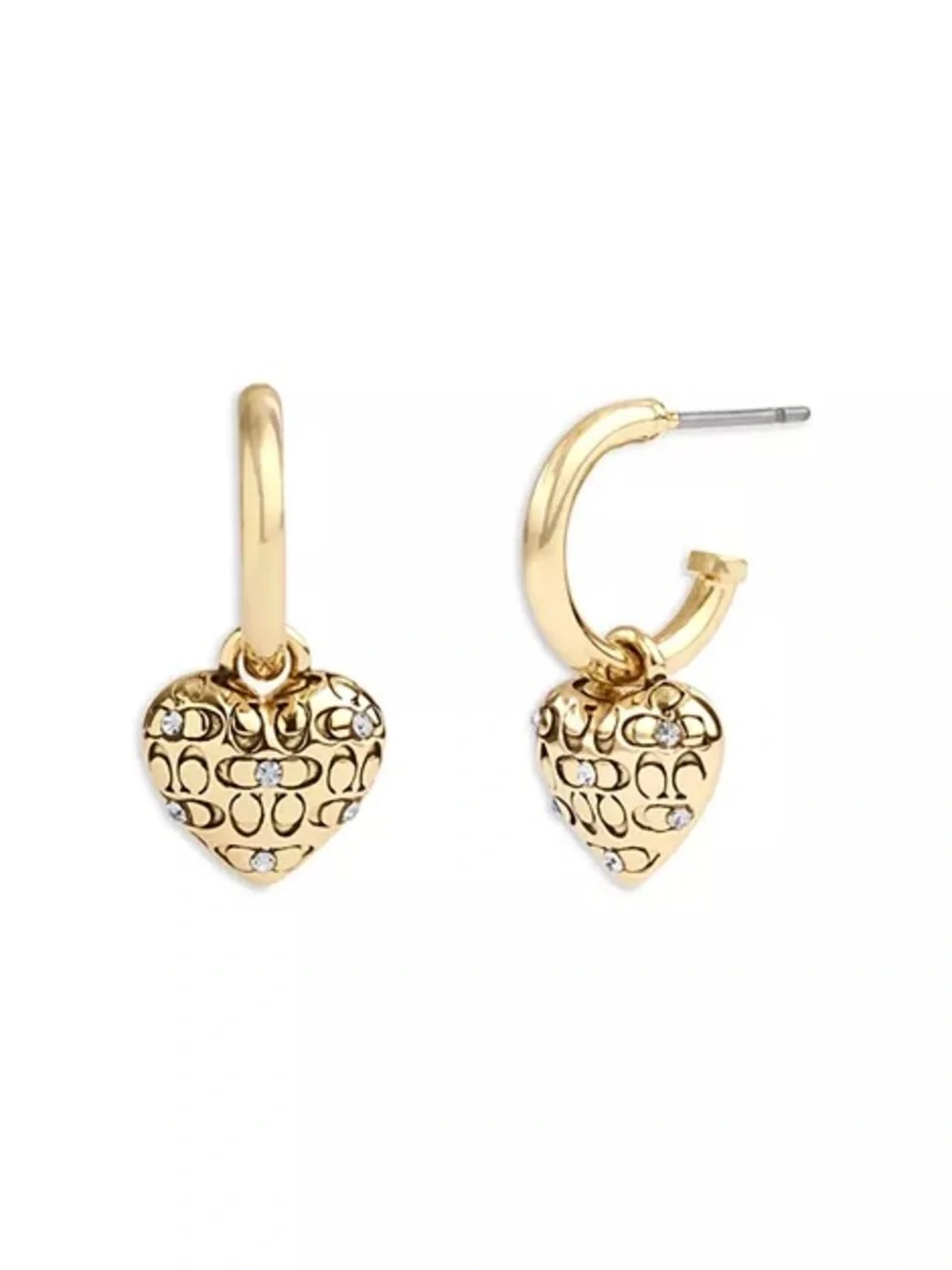 Coach Signature Pavé Quilted Heart Charm Huggie Hoop Earrings